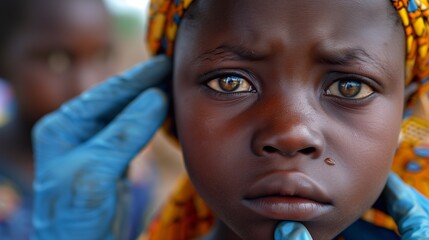 A health worker examines a childs eyes for signs of trachoma in a rural community