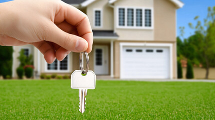 Hand Holding Key with Suburban House in Background Real Estate Concept