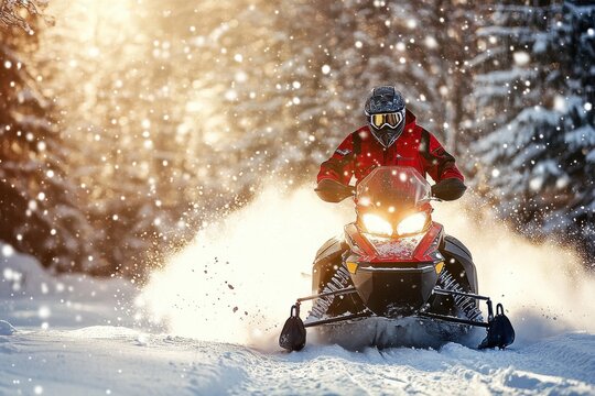 Snowmobiler racing through snowy forest at sunset - Powered by Adobe