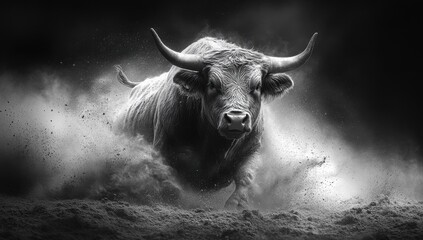 Black-and-White Photograph of a Charging Bull in Dramatic Motion