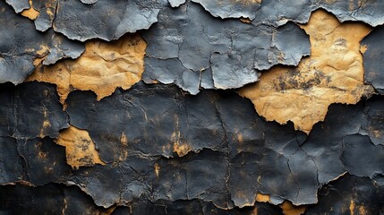 Fototapeta premium Close-up of peeling black paint on a textured surface revealing a yellow undercoat.