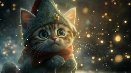 Adorable Baby Cat in Christmas Elf Outfit