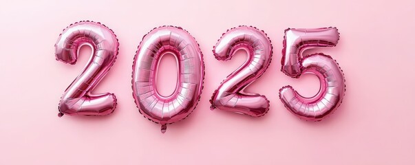 New year banner with pink foil balloons in the shape of the number "2025" on a pastel background. New Year concept for a greeting card or party decoration. 