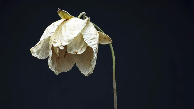 A single, white flower hangs limply against a dark background, a poignant reminder of the fleeting nature of beauty