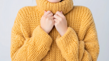 Closeup of Hands in a Warm Yellow Knit Sweater for Fall and Winter Fashion