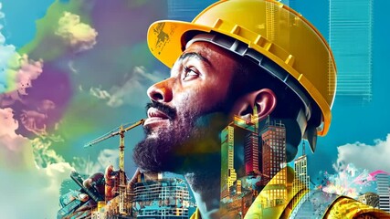 Creative construction worker envisions future skyline in vibrant urban landscape amidst blue skies