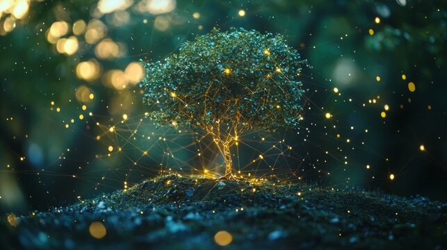 Conceptual image of a tree with digital connections in a forest