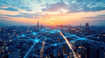 Fototapeta premium A futuristic cityscape at sunset with glowing lines connecting buildings, symbolizing a connected world.