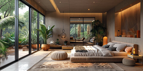 A luxurious bedroom with earthy tones, large glass doors opening to lush greenery, modern decor, and a cozy, inviting ambiance.
