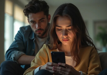 A man intently watches over a woman’s shoulder as she uses her phone. Jealousy, control, and possessiveness in a toxic relationship
