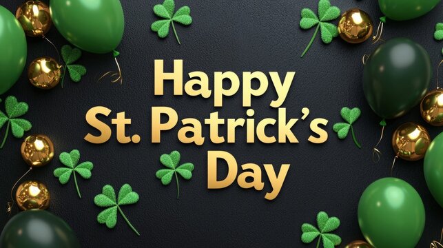 Happy St. Patrick's Day! Festive green and gold balloons and shamrocks create a celebratory atmosphere.