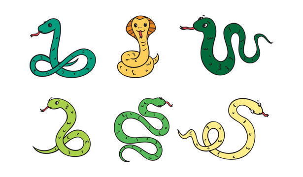 Hand drawn cute cartoon color green, outline simple snake set. Kind doodle snake smile isolated on white background.