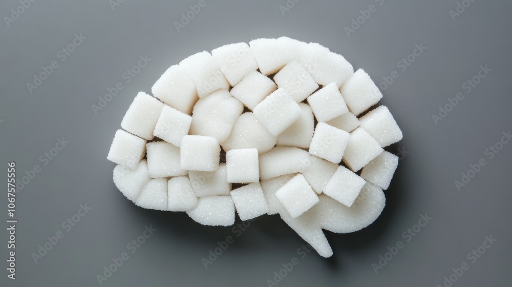 Poster White sugar cubes form a brain shape on gray, showing sugar's impact on cognition and the need to cut sugar for health