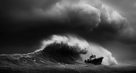 Fototapeta premium Lonely boat in a turbulent ocean, surrounded by waves and under a stormy sky. It reflects themes of loneliness, survival and nautical adventure in a natural and dramatic landscape.