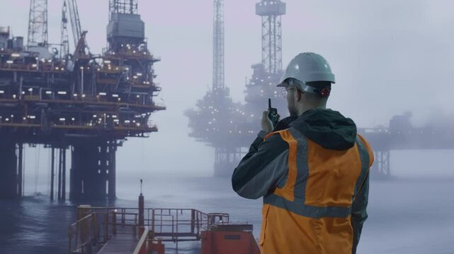 Oil Rig Worker At Dawn Supervising Platform Maritime Industrial Offshore Safety Control