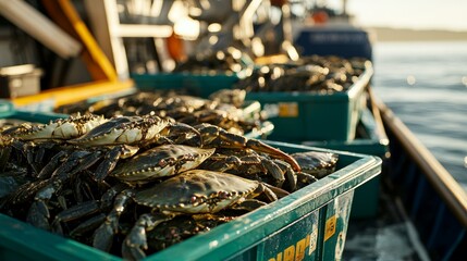 Experience the vibrant scene of freshly caught crabs from boats at sea, showcasing the bounty of nature