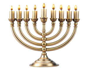 Golden menorah with lit candles, isolated on transparent or white background.