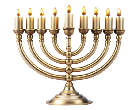 Golden menorah with lit candles, isolated on transparent or white background.