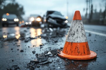 Orange traffic cone warning of car crash on wet road