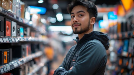 Consultant engaging with customers in a retail store showcasing innovative tech solutions
