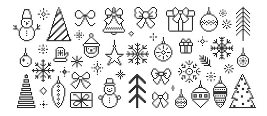 Set of xmas icons of christmas tree, present, snowman, bow, snowflake, jingle bell. Pixel art vector illustration.