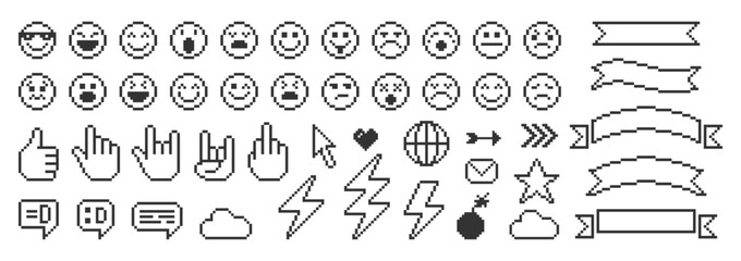 Set of pixel elements of retro interface. Emoji, like, globe, lightning, hand isolated on a white background. Vector illustration.