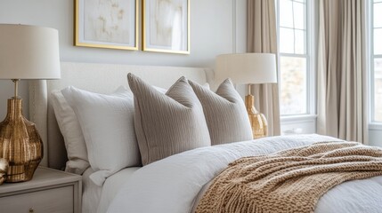 Fototapeta premium A Luxurious Bed with Beige Throw Blanket and Gold Accents