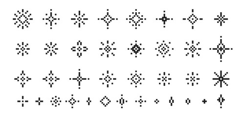 Set of pixel star, sparkle, glitter with magic effect. Pixel art vector illustration.