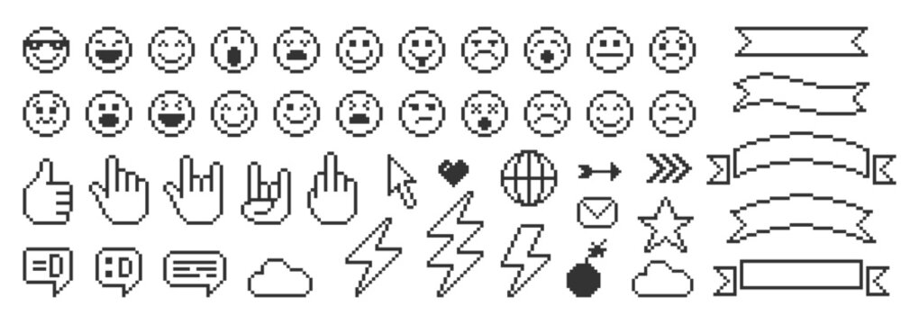 Set of pixel elements of retro interface. Emoji, like, globe, lightning, hand isolated on a white background. Vector illustration.