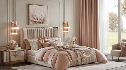 Obraz premium Luxurious Bedroom with Pink Bedding, Gold Accents, and a View of a Garden