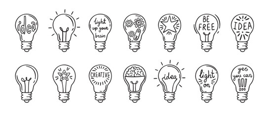 Doodle light bulb idea icon hand drawn set. light bulbs idea concept drawing