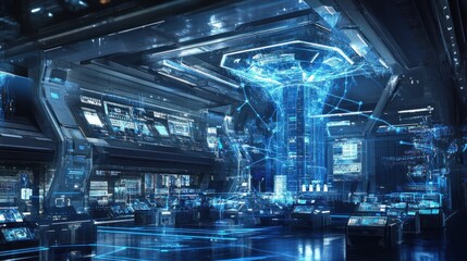 Futuristic high tech control room with glowing digital displays and a large data network visualization in the center.