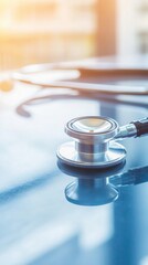 Stethoscope on glass table in sunlit medical office