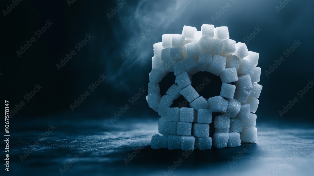 Poster sugar cubes arranged in the shape of a skull symbolize the health risks associated with excessive su