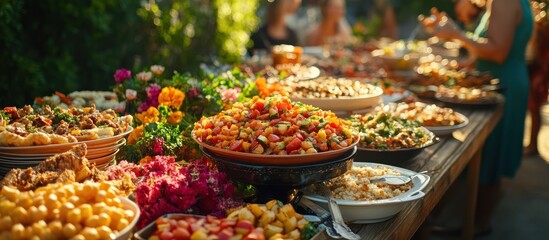 A buffet table laden with food, a celebration of culinary delights.