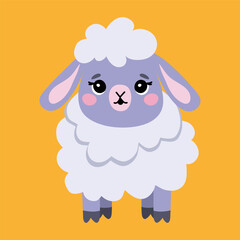 A cute kawaii lamb. Cartoon, doodle. A character, a flat vector illustration isolated on a yellow background. Postcard, poster, children's room decoration, kids tee print.