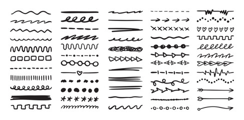 Various highlighter and underline lines set. graphic elements drawing free brush. Doodle strokes and markers