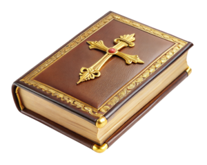 Ornate holy book with a golden cross on a transparent or white isolated background.