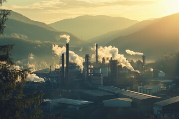 Naklejka premium Industrial plant releasing smoke and steam at sunset in mountain valley