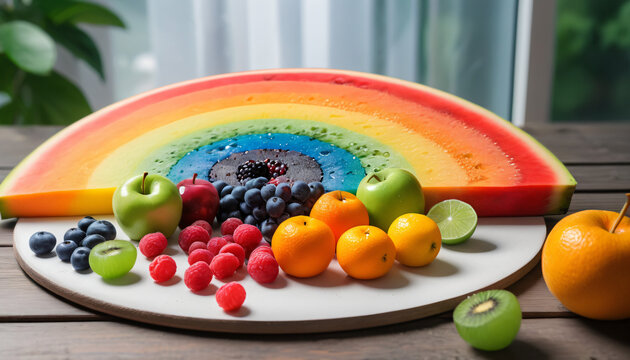 frische obst und gem&uuml;se, aufw&auml;ndig regenbogenfarbig in verschiedenen farben und formen auf einem tisch oder bereich angeordnet._00001_