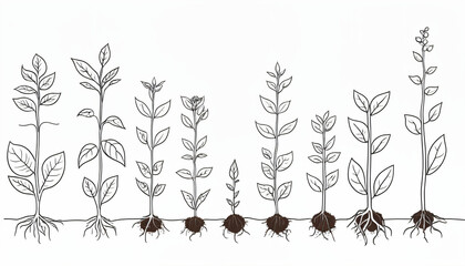 A drawing that illustrates how plants grow, develop, and thrive through various stages in a single continuous line representation._00001_