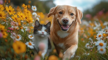 Cat and Dog Running Together Through a Vibrant Field of Flowers