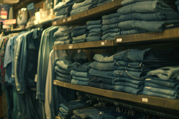 Stacked denim jeans on shelves in clothing store display