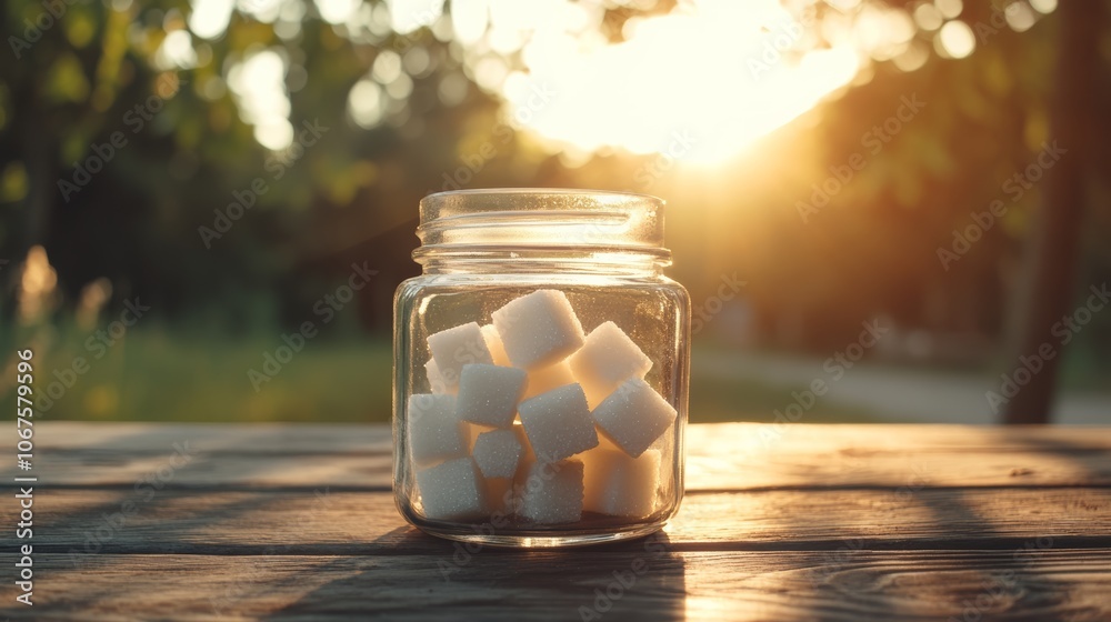 Poster glass jar filled with refined sugar cubes sits on a rustic wooden table at sunset, symbolizing the c