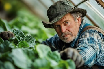 Senior farmer checking plants growing in greenhouse