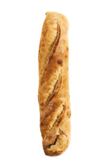 A close-up of a fresh, golden-brown baguette isolated on a white background.