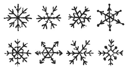 Set of handdrawn snowflakes with crayon, chalk or pastel texture. Kids vector illustration.