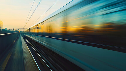 A high-speed train traveling at incredible speeds on the railway above the city, so fast that its silhouette blurs as it moves like a bullet.