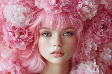 Naklejka premium Beautiful woman with pink hair posing with peonies flowers