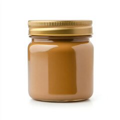 A small jar of creamy peanut butter, isolated on a white background, highlighting a rich spread option
